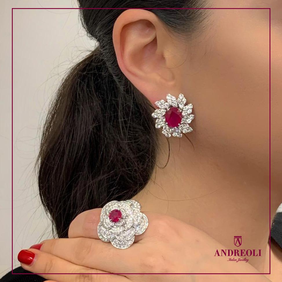 Women's Andreoli 1.68 Carat Ruby Diamond 18 Karat White Gold Flower Ring CDC Certified For Sale