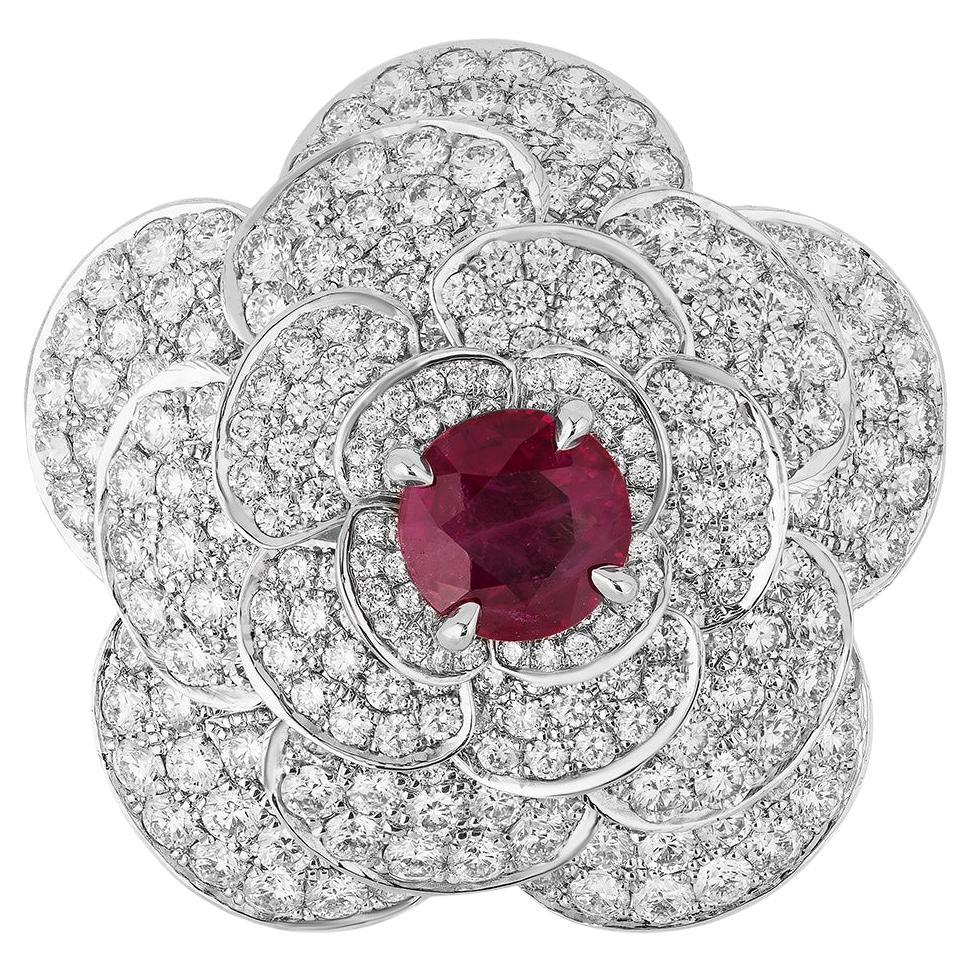 Andreoli, bague fleur en or blanc 18 carats avec diamants et rubis de 1,68 carat certifié CDC