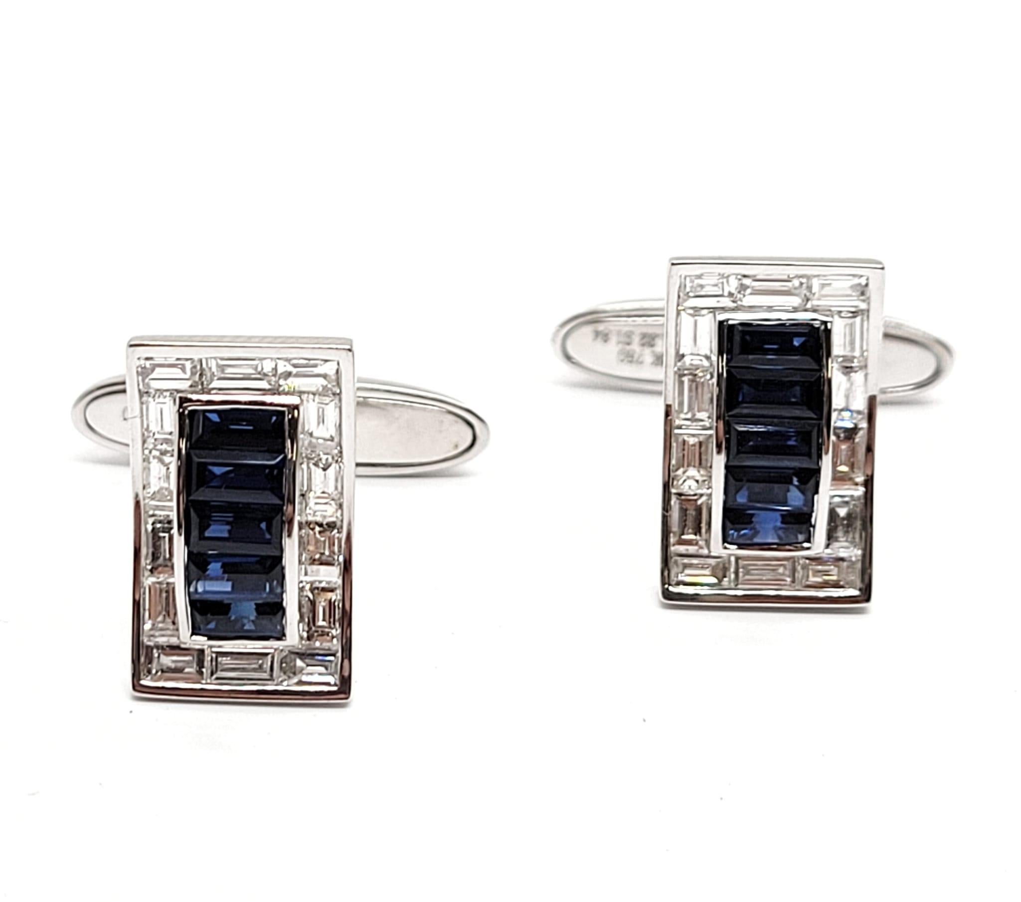 Emerald Cut Andreoli 1.84 Carat Sapphire Diamond 18 Karat White Gold Cufflinks