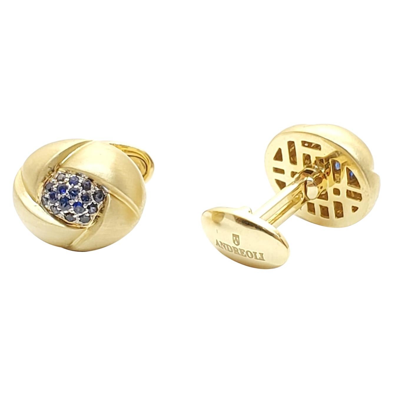 Andreoli 18k Gold Yellow Brushed Gold and Blue Sapphire Cufflinks For Sale