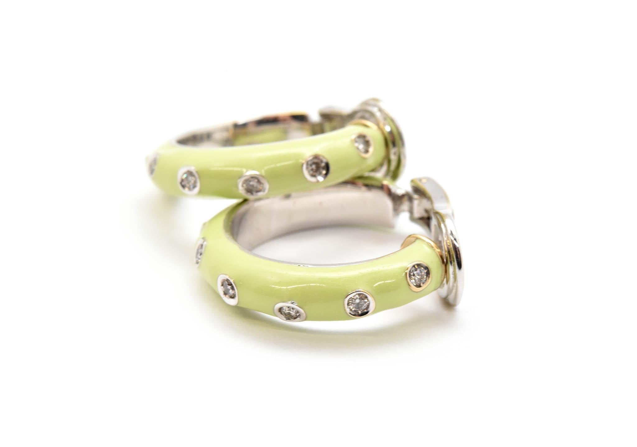 Andreoli 18 Karat White Gold, Diamond and Green Enamel Hoop Earrings In Excellent Condition In Scottsdale, AZ