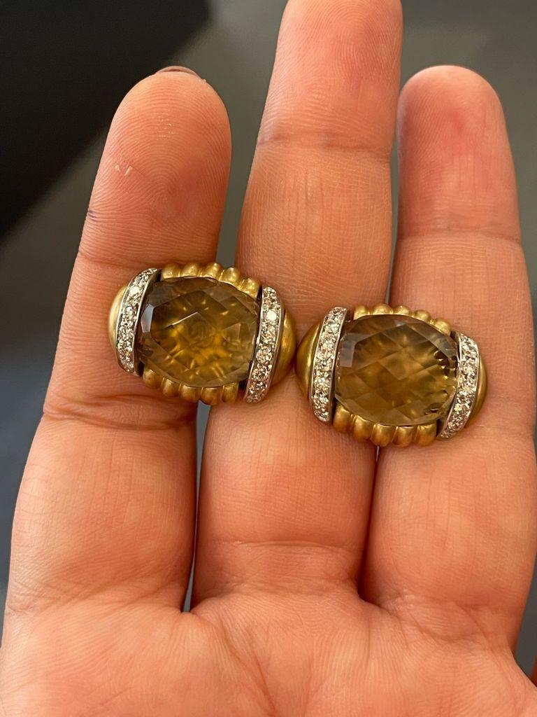 Taille ronde Andreoli Boutons de manchette en or jaune 18 carats, diamants et quartz fumé en vente
