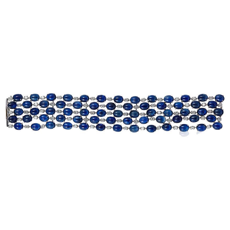 Andreoli 190.00 Carat Cabochon Sapphire Diamond 18 Karat White Gold Bracelet For Sale