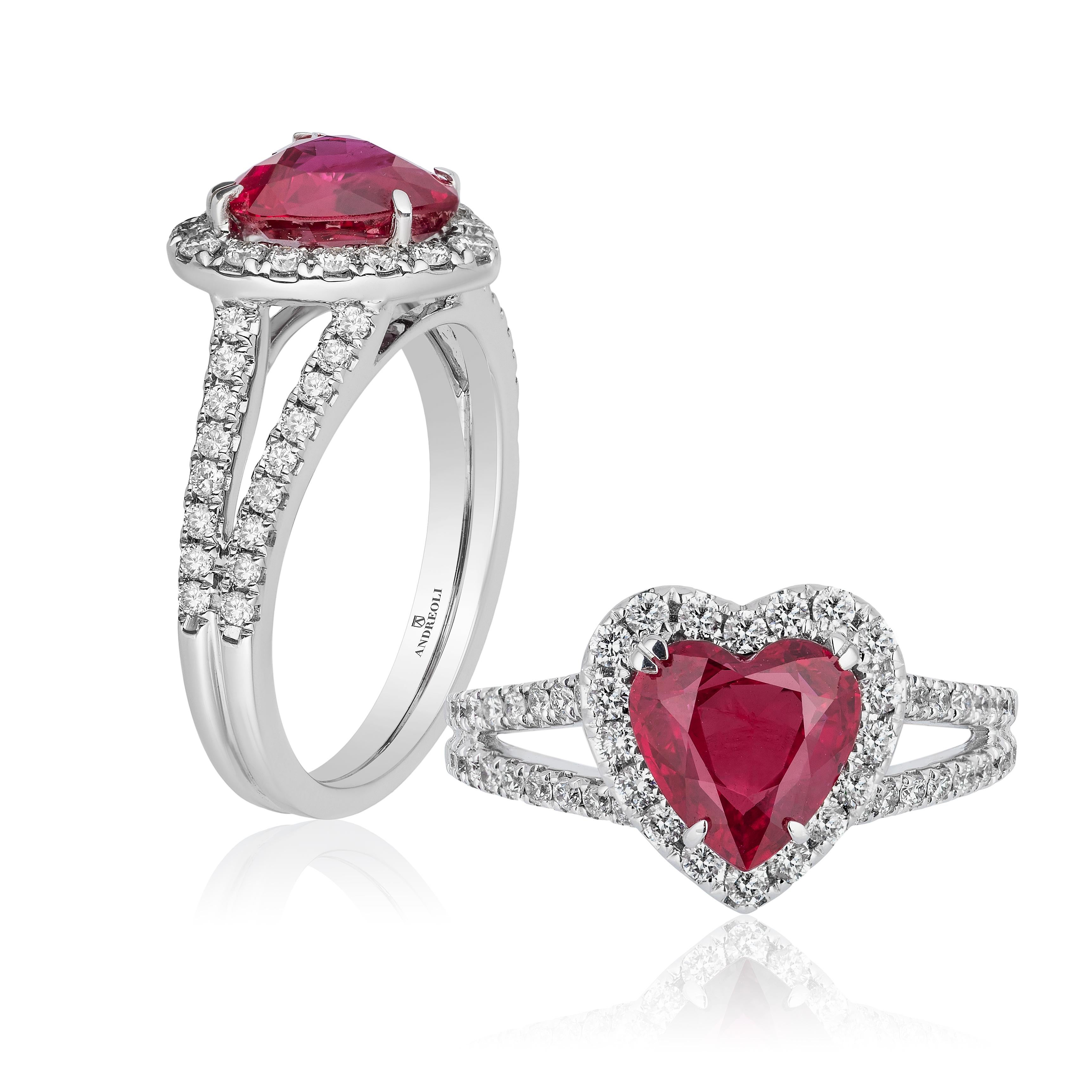 Andreoli 1.93 Carat Burma Ruby Heart Shape Diamond 18 Karat White Gold Ring

This ring features:
- 0.55 carat F-G-H Color, VS-SI Clarity round brilliant cut diamonds
- 1.93 carat Burma Origin Heart Shape Ruby
- Set in 18 Karat White Gold


