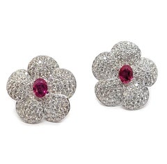 Andreoli 2.32 Carat Ruby Diamond 18k White Gold Flower Earrings CDC Certified