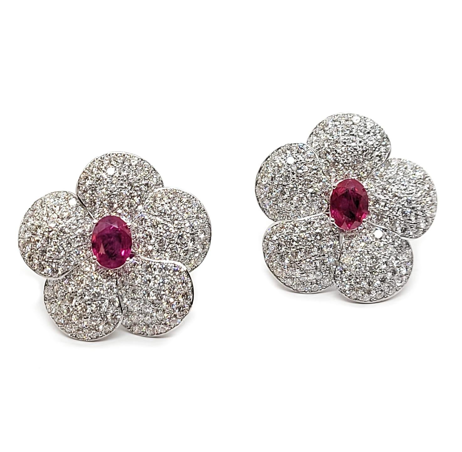 Contemporary Andreoli 2.32 Carat Ruby Diamond 18k White Gold Flower Earrings CDC Certified For Sale