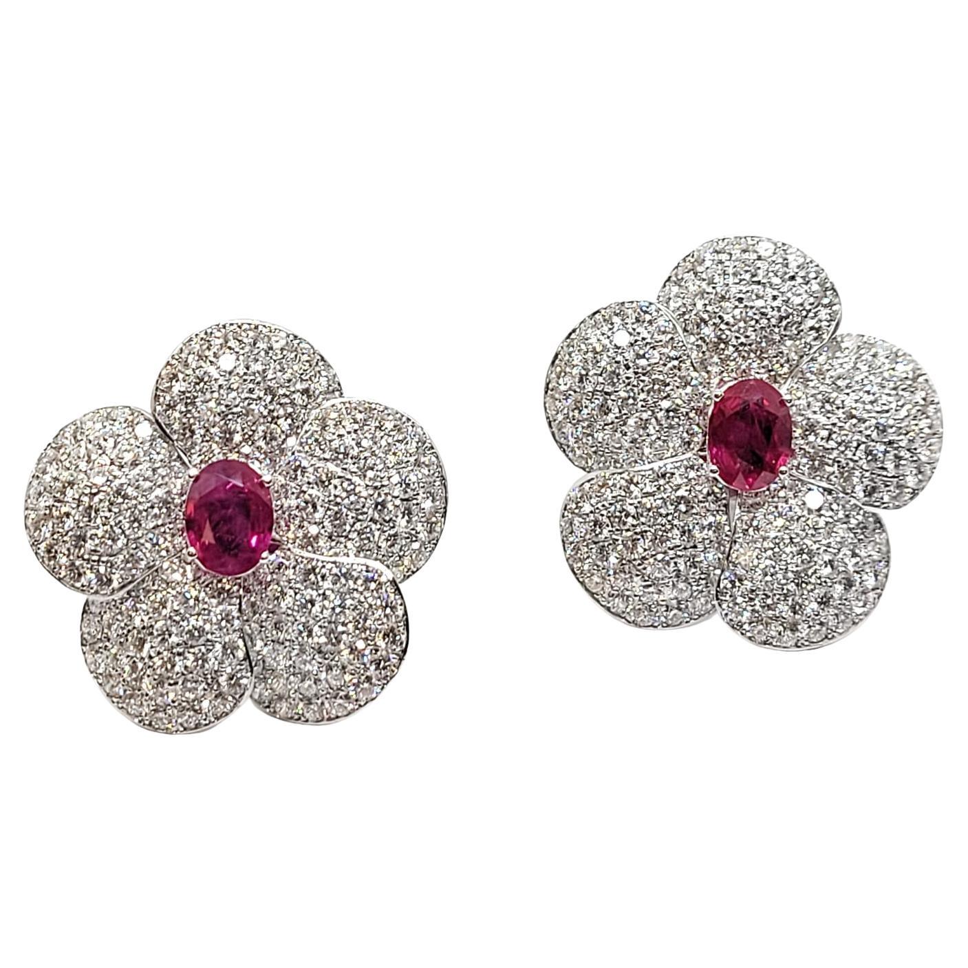 Andreoli 2.32 Carat Ruby Diamond 18k White Gold Flower Earrings CDC Certified For Sale