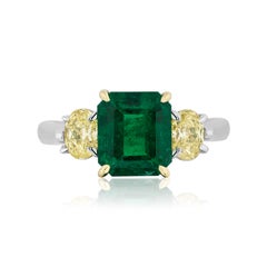 Andreoli 2.96 Carat Zambian Emerald Yellow Diamond Platinum Ring CDC Certified