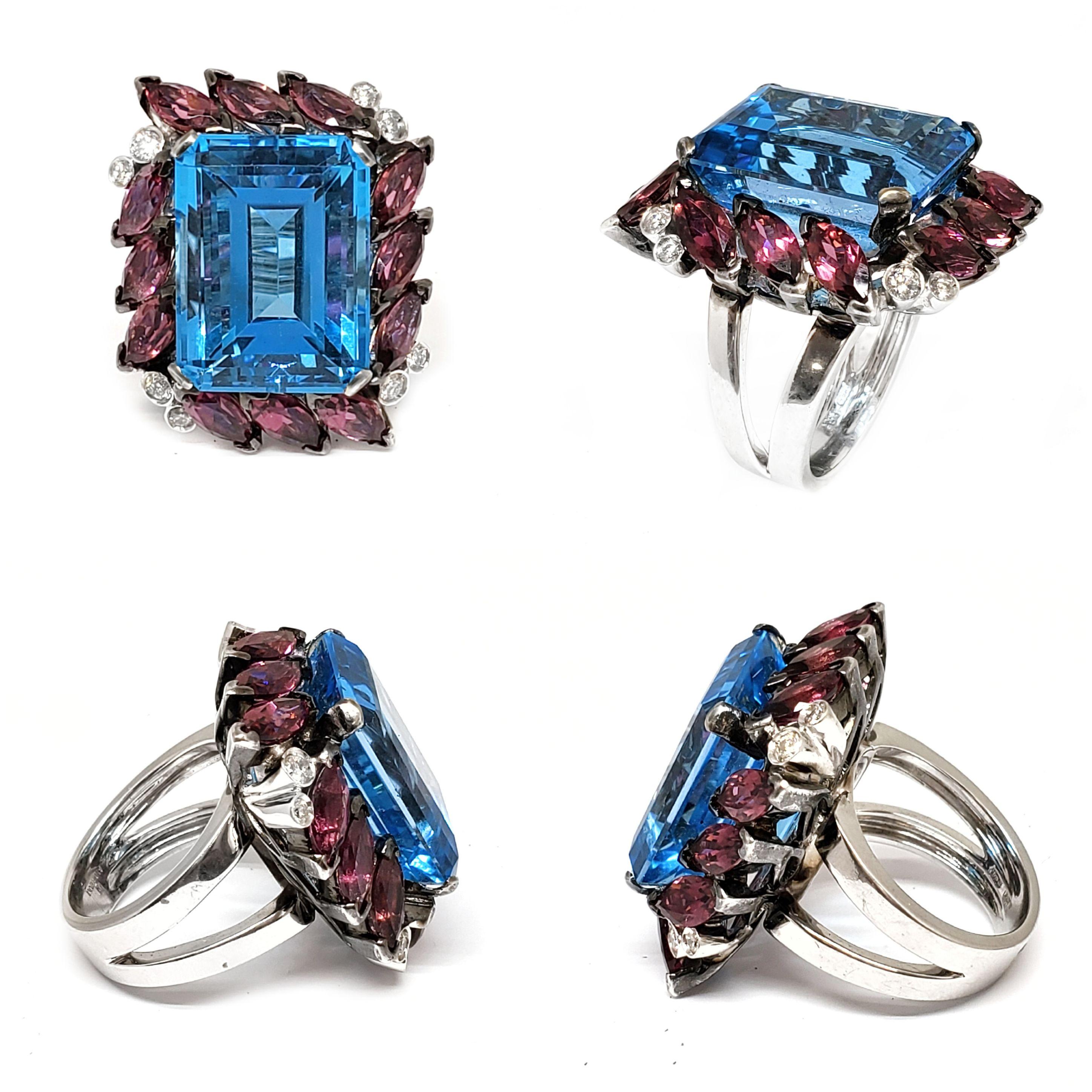 Emerald Cut Andreoli 31.45 Carat Blue Topaz Tourmaline Diamond 18 Karat Gold Cocktail Ring For Sale