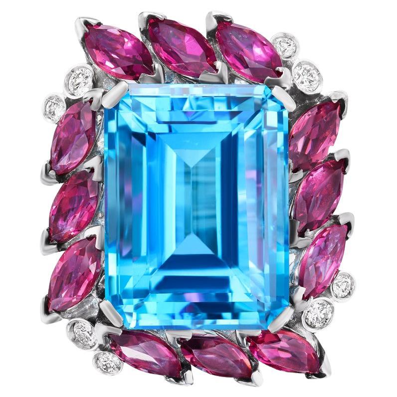 Andreoli 31.45 Carat Blue Topaz Tourmaline Diamond 18 Karat Gold Cocktail Ring