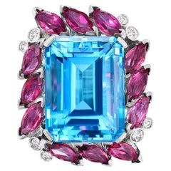 Andreoli Bague cocktail en or 18 carats avec topaze bleue, tourmaline et diamant de 31,45 carats