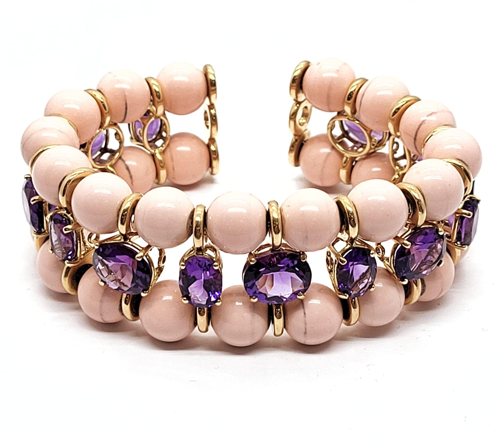 Contemporary Andreoli 32.93 Carat Amethyst Coral 18 Karat Yellow Gold Bracelet For Sale