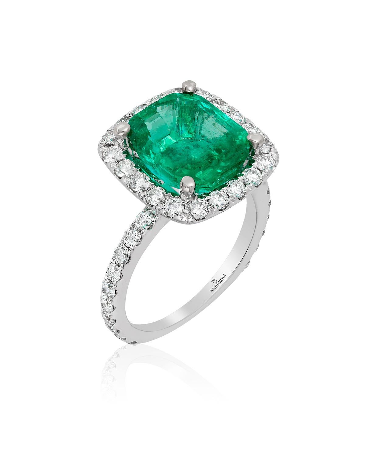Contemporary Andreoli 4.07 Carat Colombian Emerald CDC Certified Diamond Ring 18 Karat For Sale