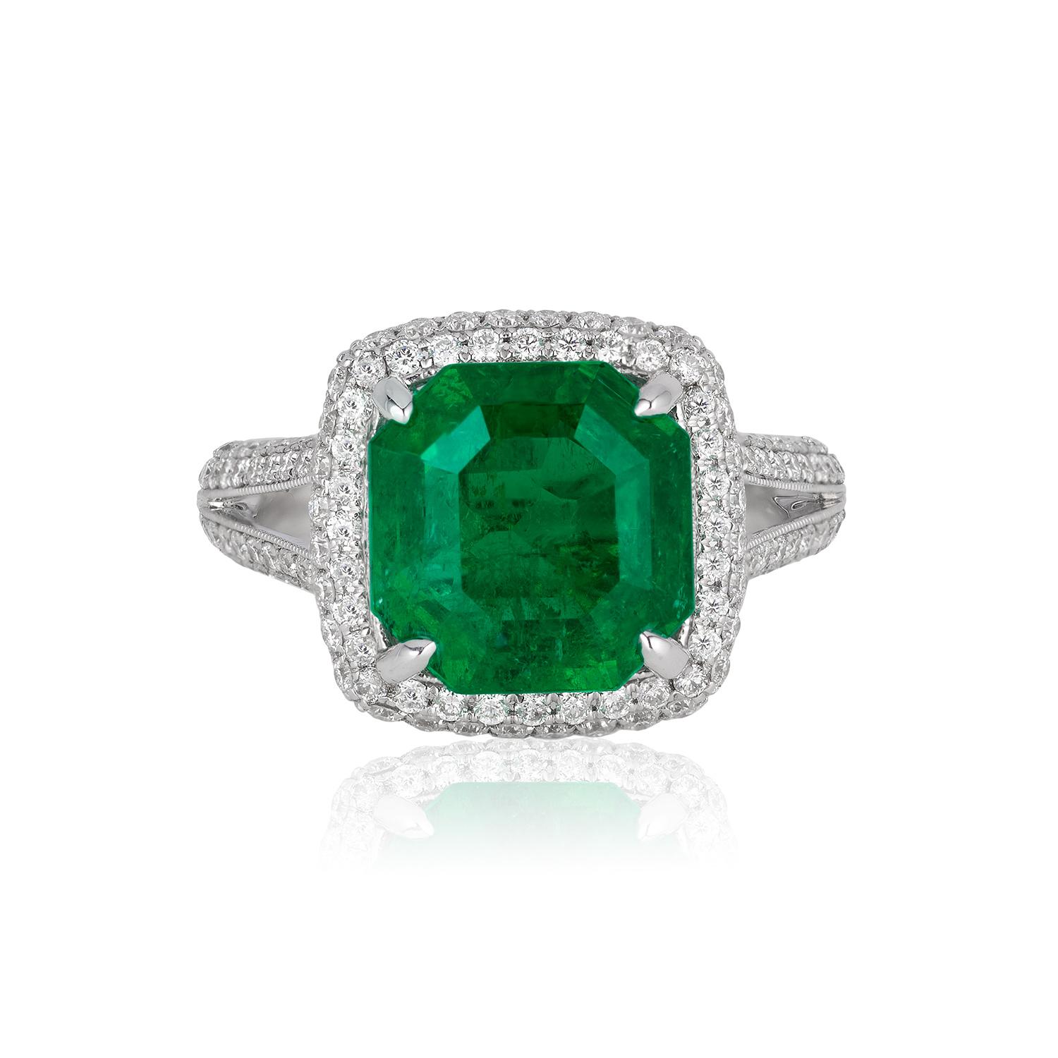 Andreoli 4.17 Carat Emerald Diamond 18 Karat White Gold Ring CDC Certified 

This ring features:
- 1.34 Carat Round Diamond
- 4.17 Carat Colombian Emerald
- 6.74 Gram 18k Gold
- Made In Italy