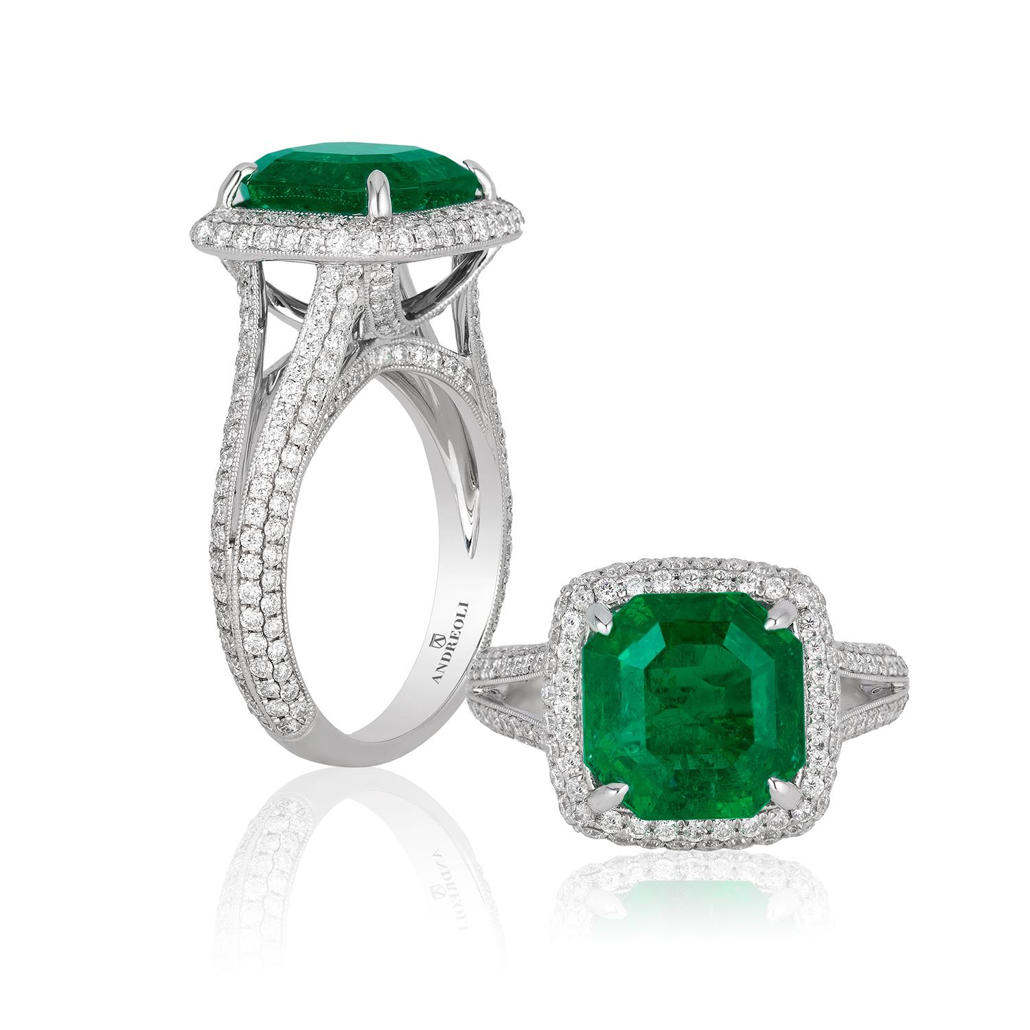 Andreoli 4,17 Karat Smaragd-Diamant-Ring aus 18 Karat Weißgold, CDC zertifiziert (Smaragdschliff) im Angebot