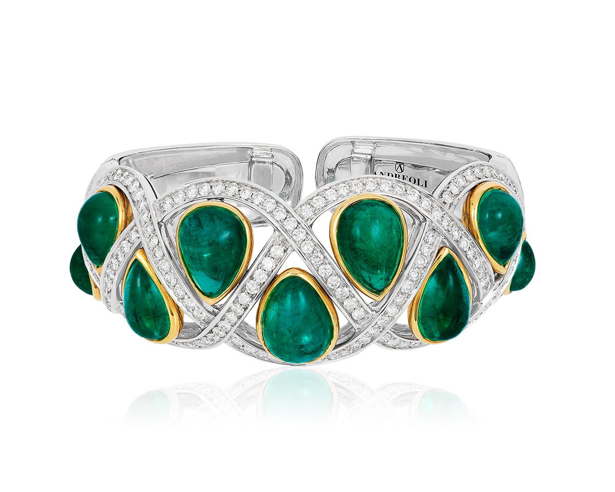 Andreoli 43.96 Carat Emerald Cabochon Drops Diamond Cuff Bracelet 18 Karat Gold.

This bracelet features 43.96 carat of Colombian Origin Emerald Cabochon Drops surrounded with 5.21 carats of F-G-H VS-SI Diamonds. Set in 87.20 grams of 18 Karat White