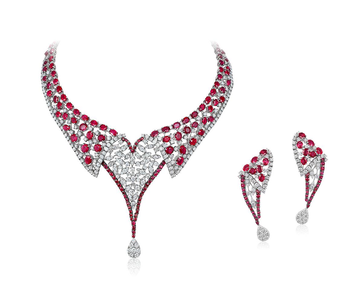 Contemporary Andreoli 56.81 Carat Ruby Diamond 18 Karat White Gold Necklace For Sale