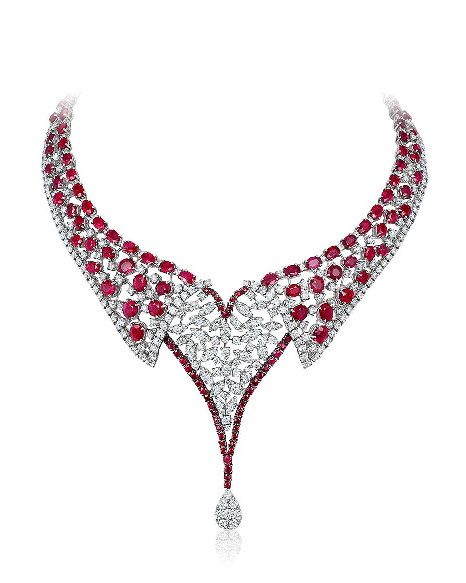 Andreoli 56.81 Carat Ruby Diamond 18 Karat White Gold Necklace For Sale