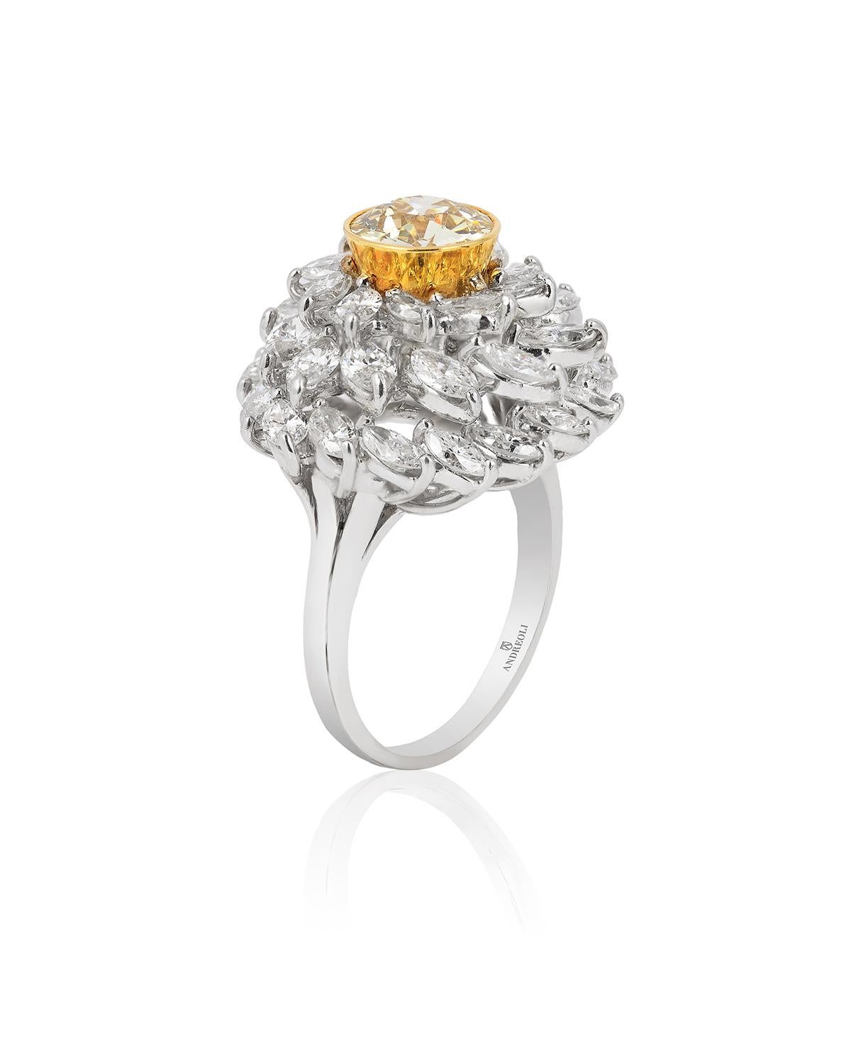 Andreoli 7.29 Carat Diamond Flower Cocktail Ring 18 Karat White Gold.

This features 7.29 carats total weight of diamonds. One round brilliant cut diamond bezel set 18 Karat Yellow Gold surrounded with marquise diamonds. (F-G-H Color, VS-SI