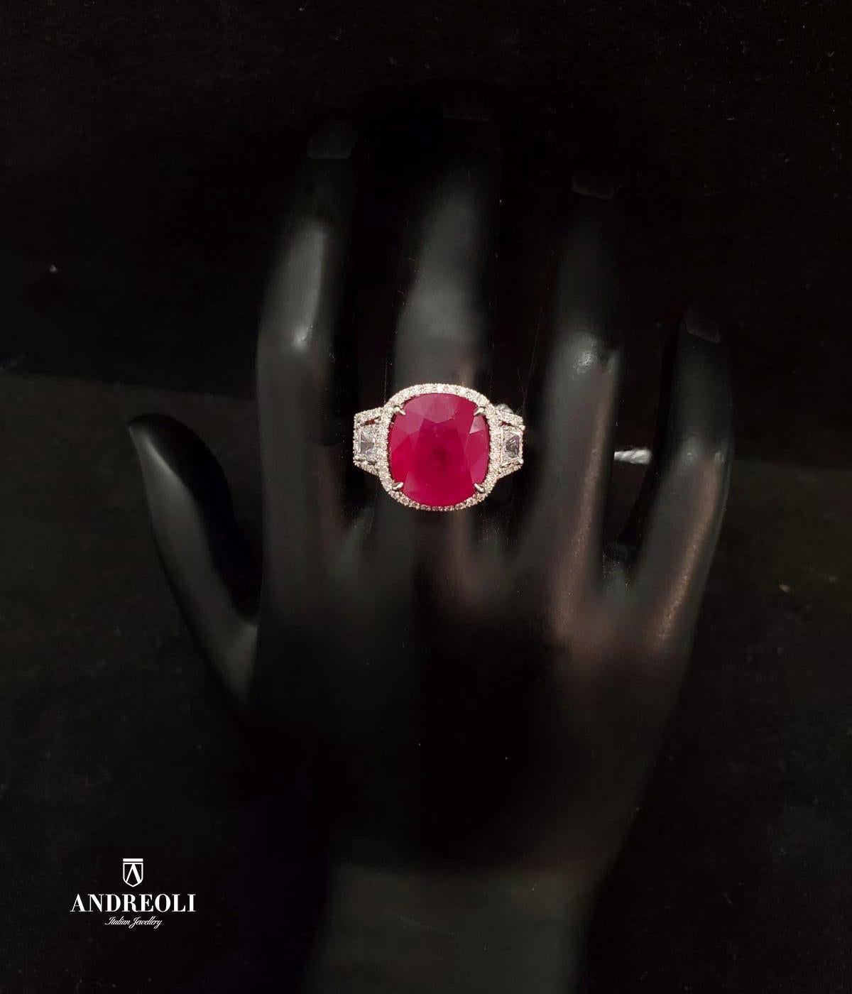 Cushion Cut Andreoli 7.37 Carat Burma Ruby Diamond 18 Karat White Gold Ring CDC Certified For Sale