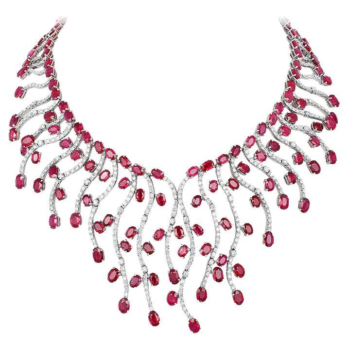 Andreoli 89.14 Carat Ruby Diamond 18 Karat White Gold Necklace For Sale