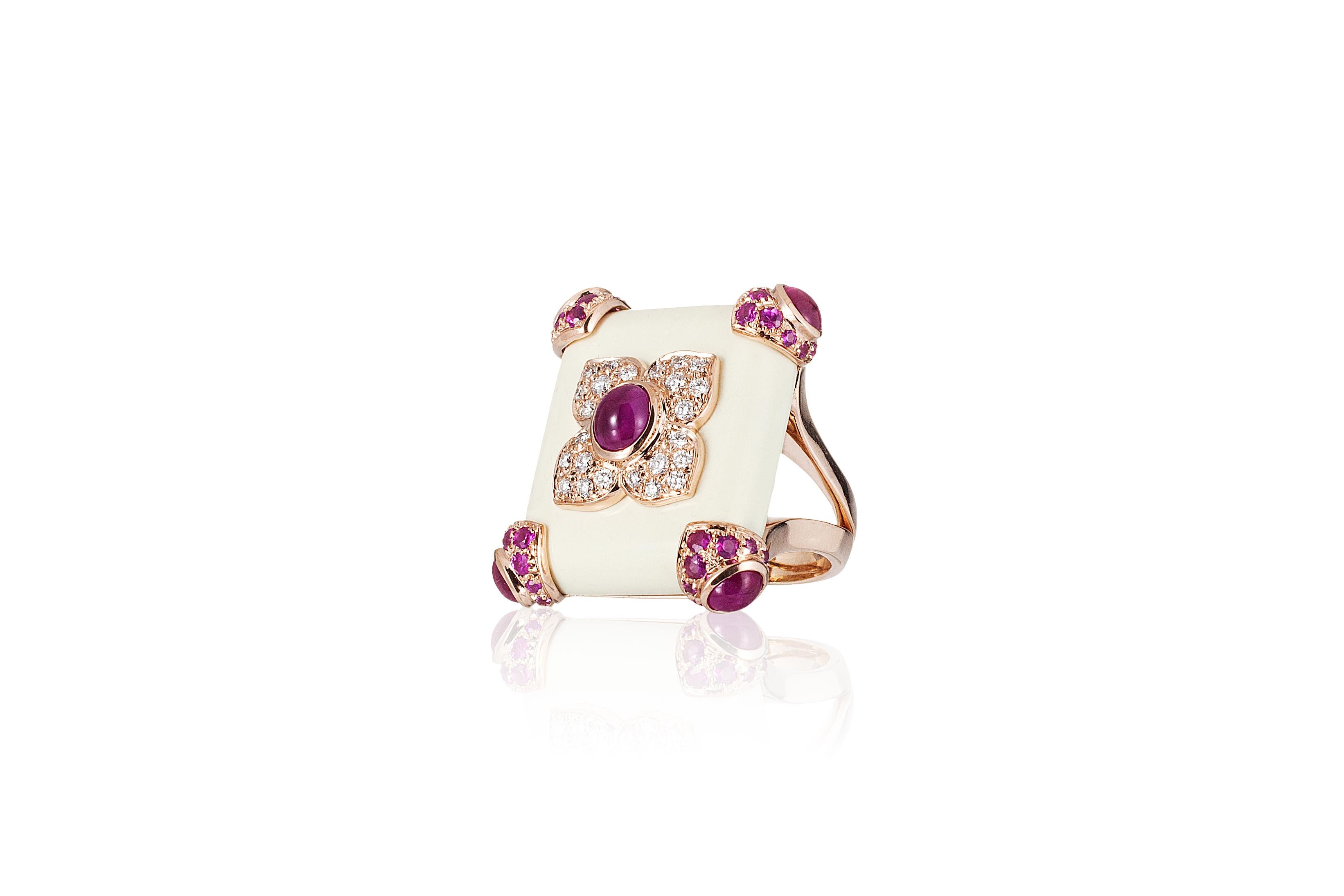 Andreoli Agate Ruby Diamond Pink Sapphire Cocktail Ring Rose 18KT Gold. This Ring Features, 0.37 carats of full round cut brilliant Diamonds. The diamonds are F/G/H in Color and VS-SI in Clarity. Accented with 2.80 carats of ruby dome shaped