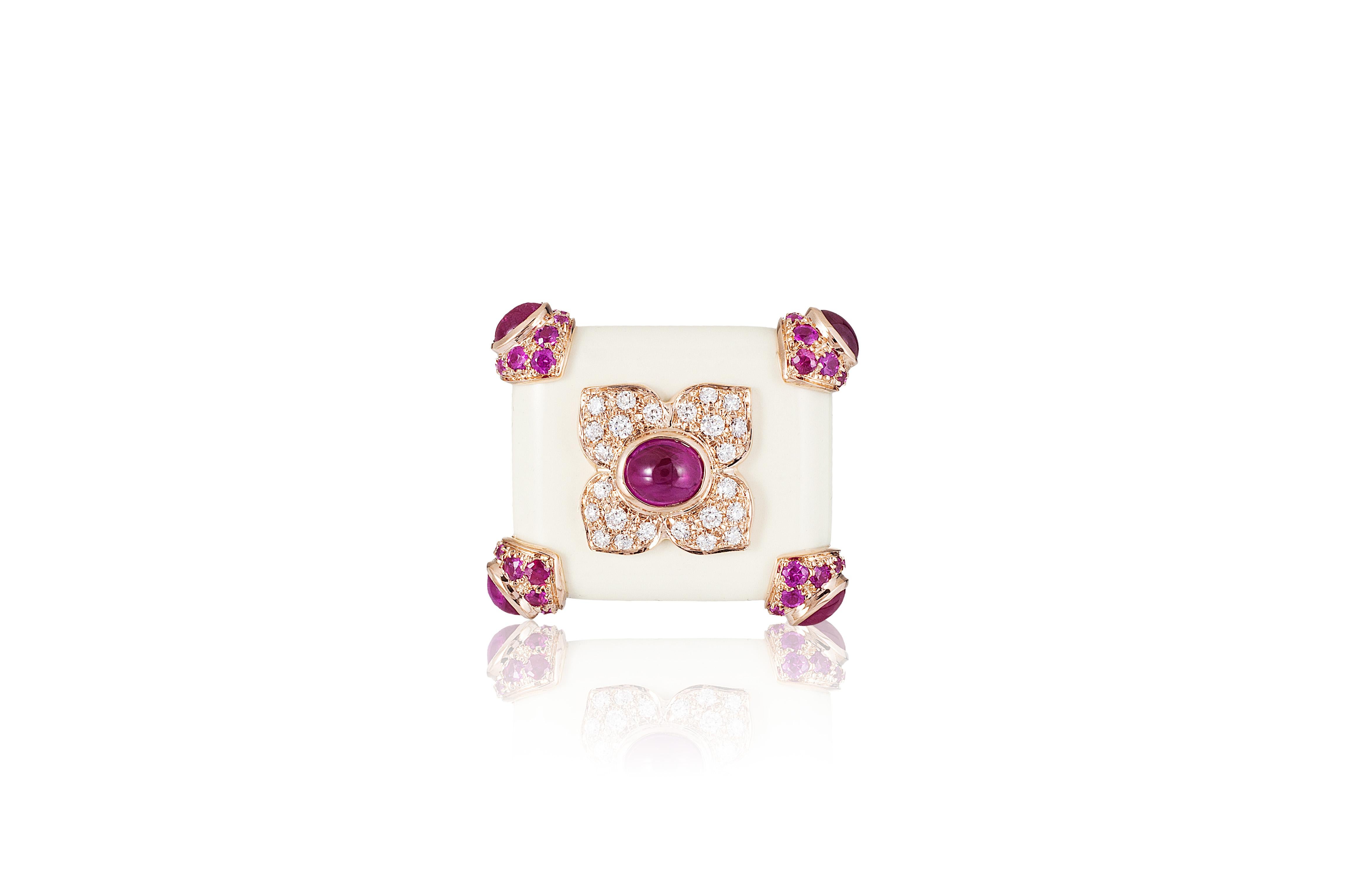 Contemporary Andreoli Agate Ruby Cabochon Diamond Pink Sapphire Cocktail Ring Rose 18kt Gold