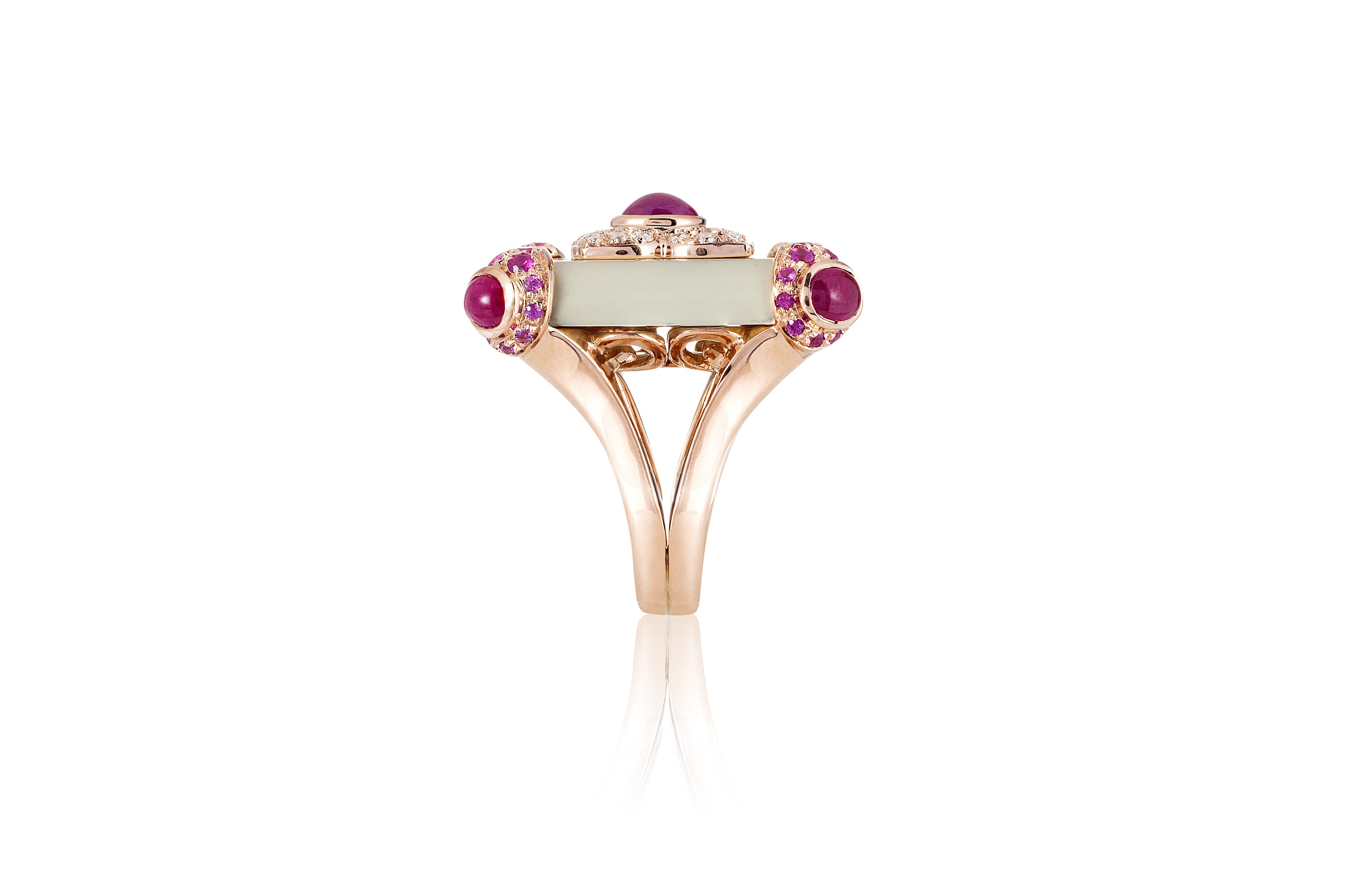 Women's or Men's Andreoli Agate Ruby Cabochon Diamond Pink Sapphire Cocktail Ring Rose 18kt Gold