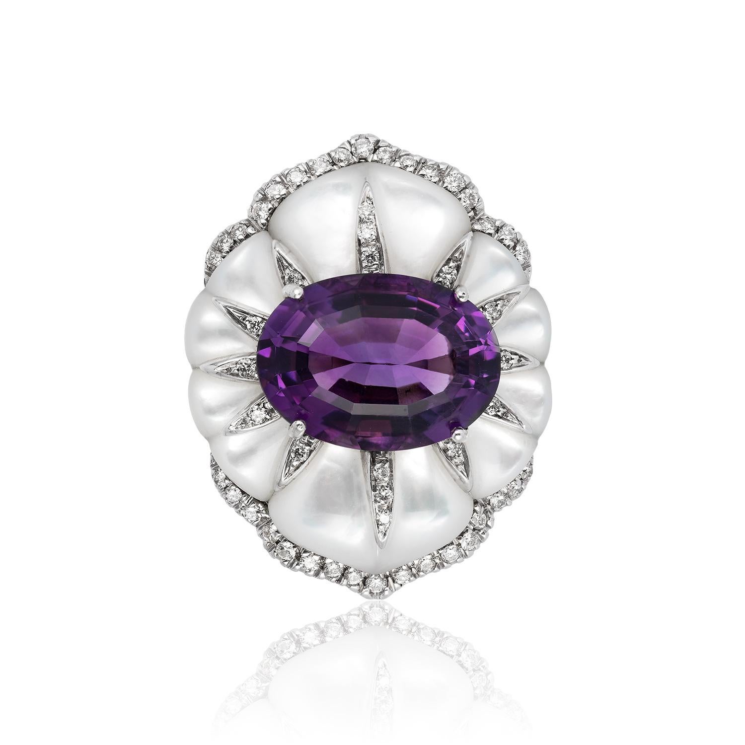 Andreoli Amethyst Mother of Pearl Diamond Cocktail Ring 18 Karat White Gold

This Andreoli ring features:

0.65ct Diamond
12.35ct Amethyst
Mother-of-Pearl
18 Karat White Gold

Studied, meticulously designed and created by Andreoli in Valenza, Italy