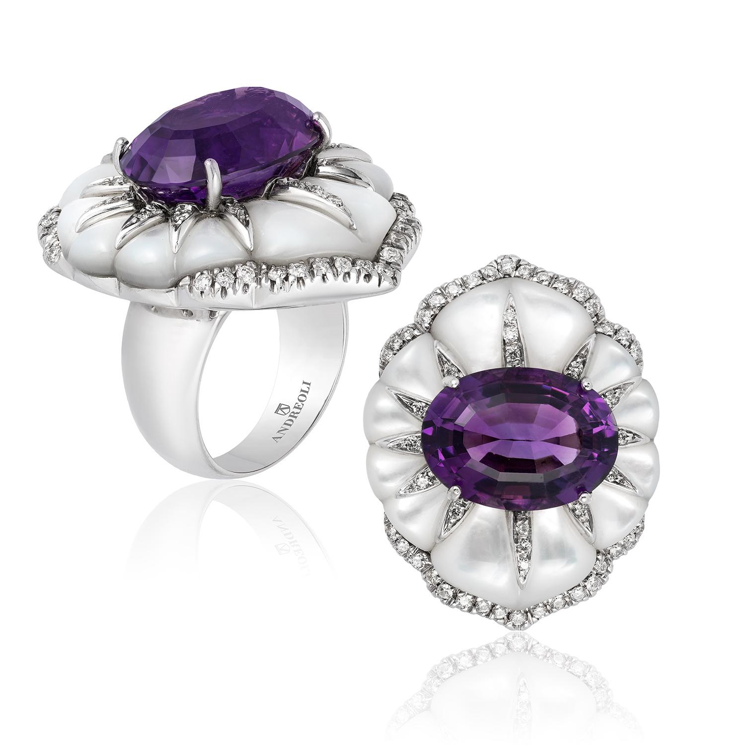 Contemporary Andreoli Amethyst Mother of Pearl Diamond Cocktail Ring 18 Karat White Gold