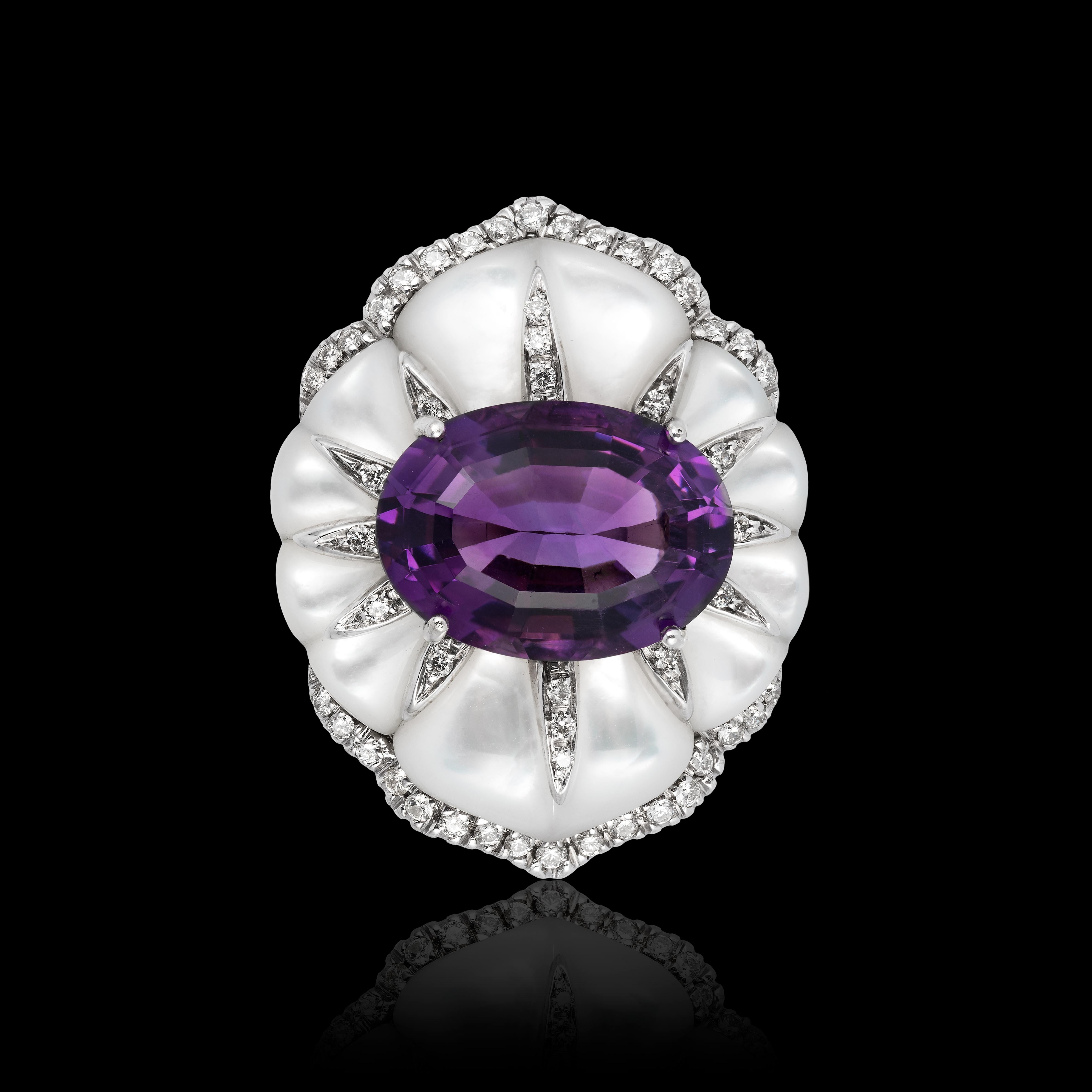Oval Cut Andreoli Amethyst Mother of Pearl Diamond Cocktail Ring 18 Karat White Gold