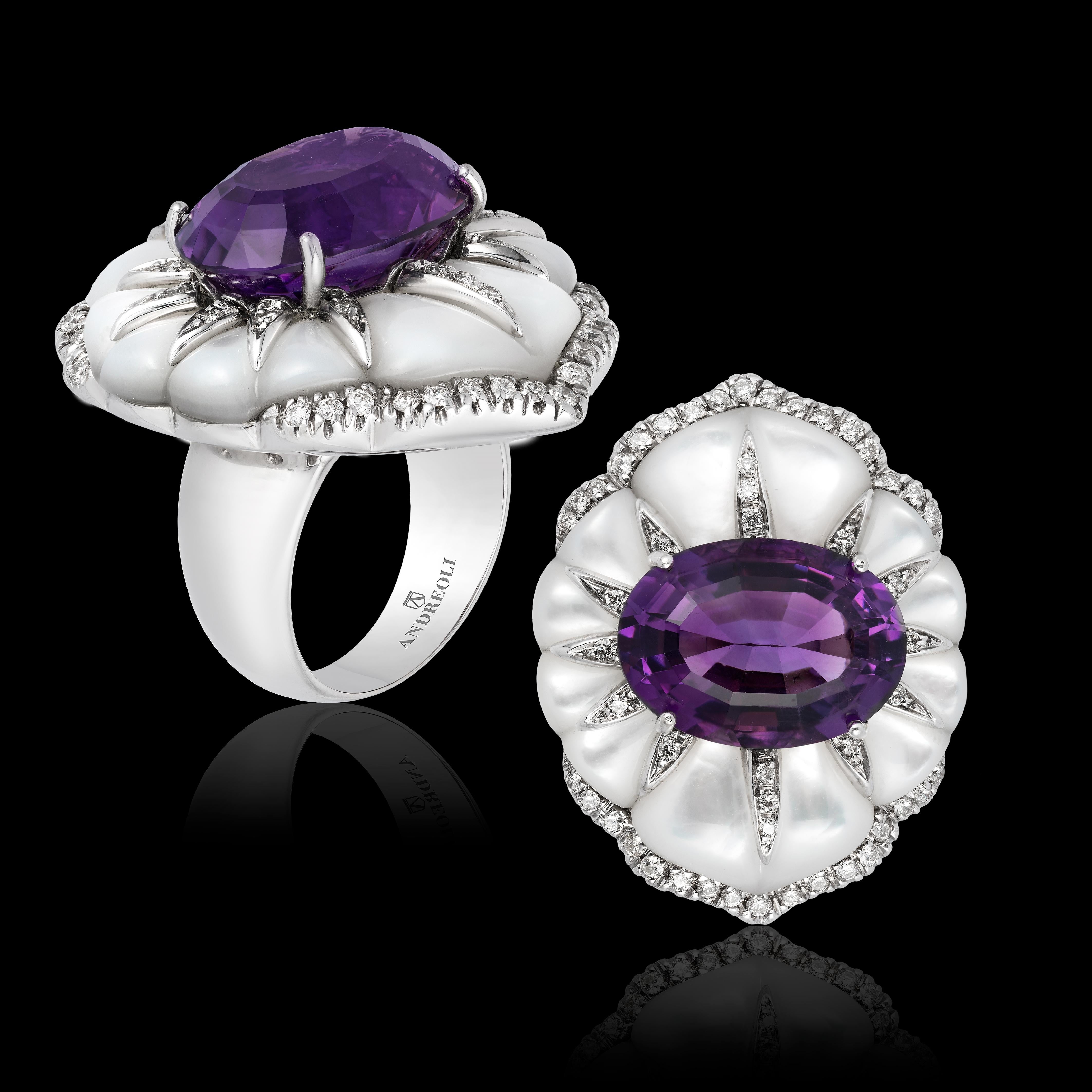 Andreoli Amethyst Mother of Pearl Diamond Cocktail Ring 18 Karat White Gold In New Condition In New York, NY