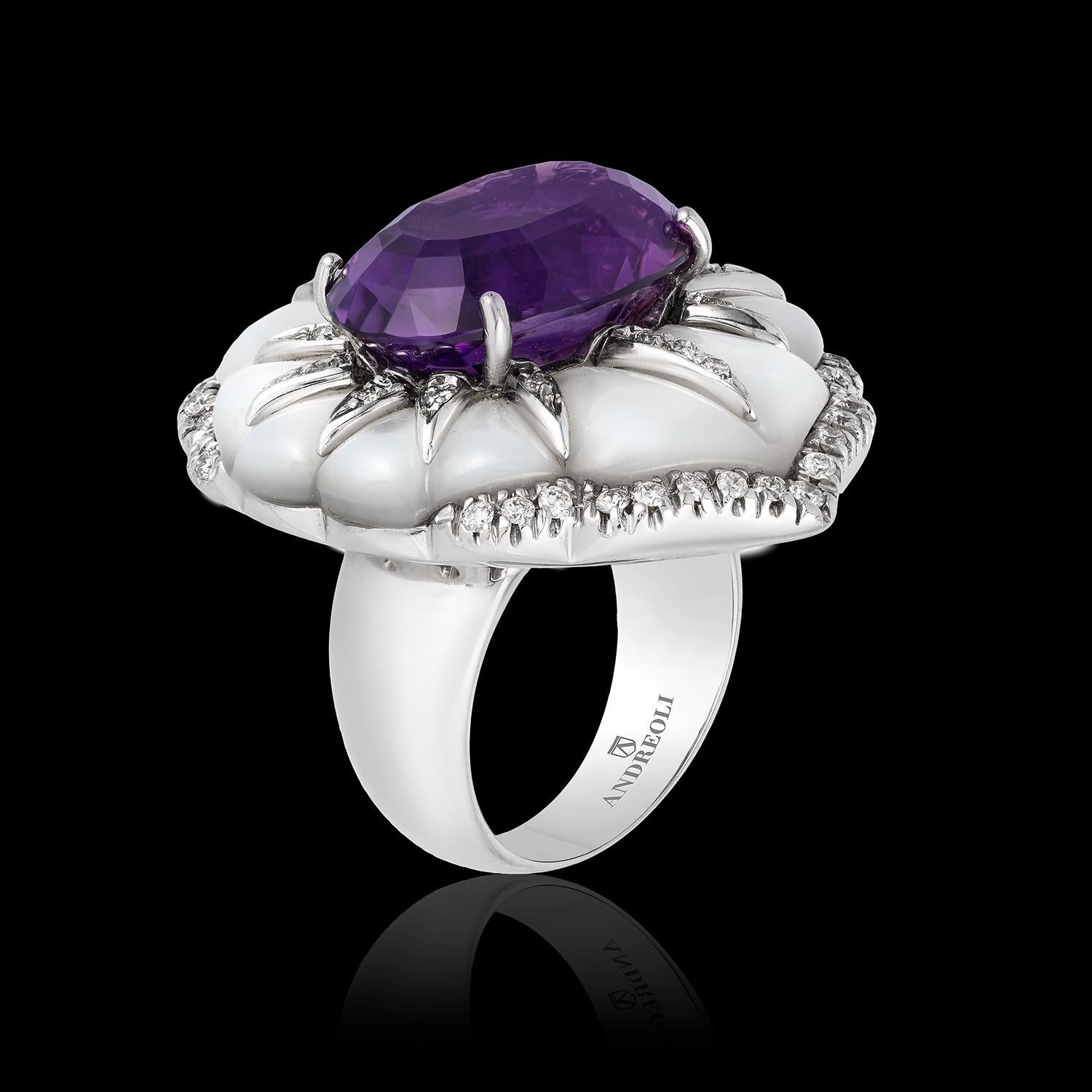 Women's Andreoli Amethyst Mother of Pearl Diamond Cocktail Ring 18 Karat White Gold