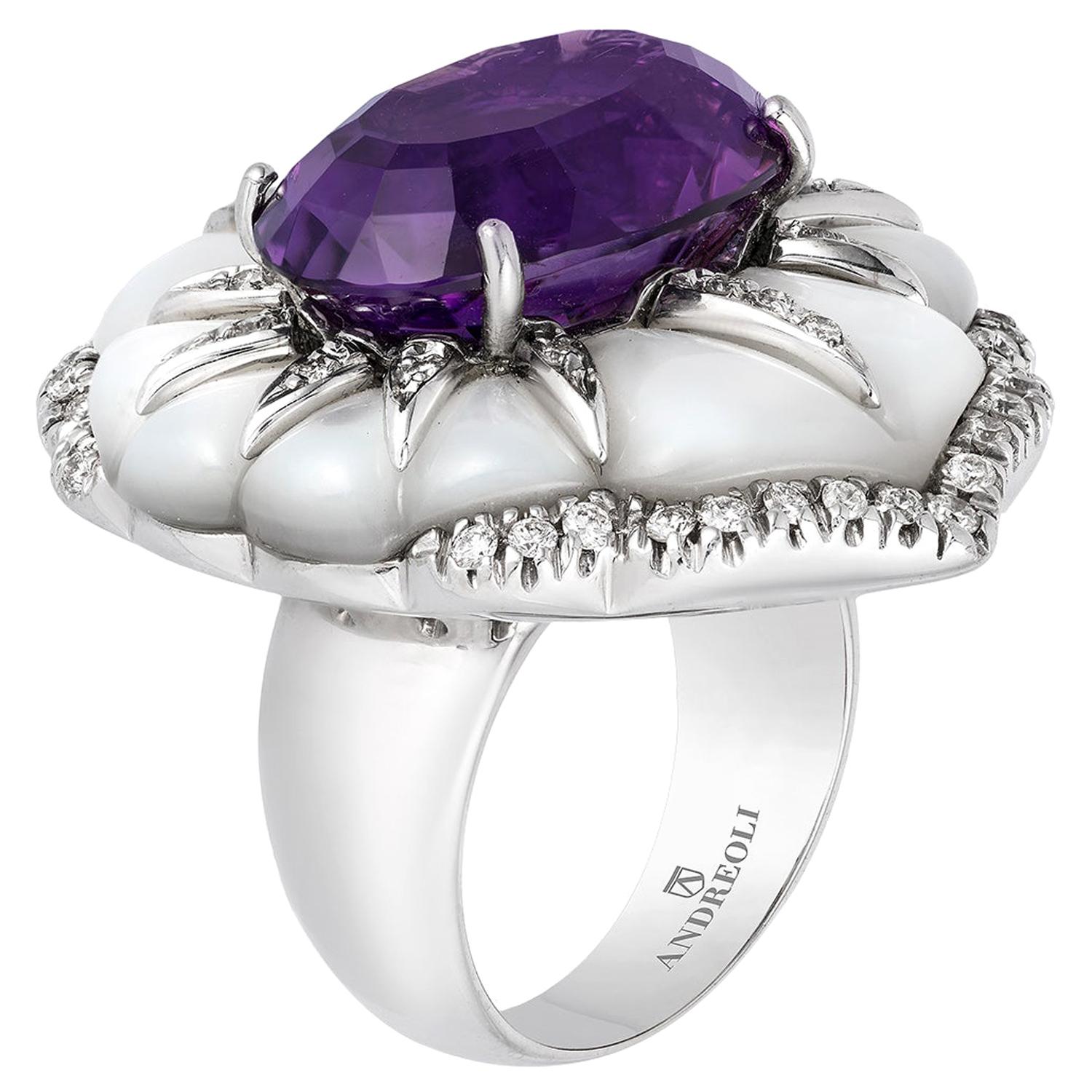 Andreoli Amethyst Mother of Pearl Diamond Cocktail Ring 18 Karat White Gold