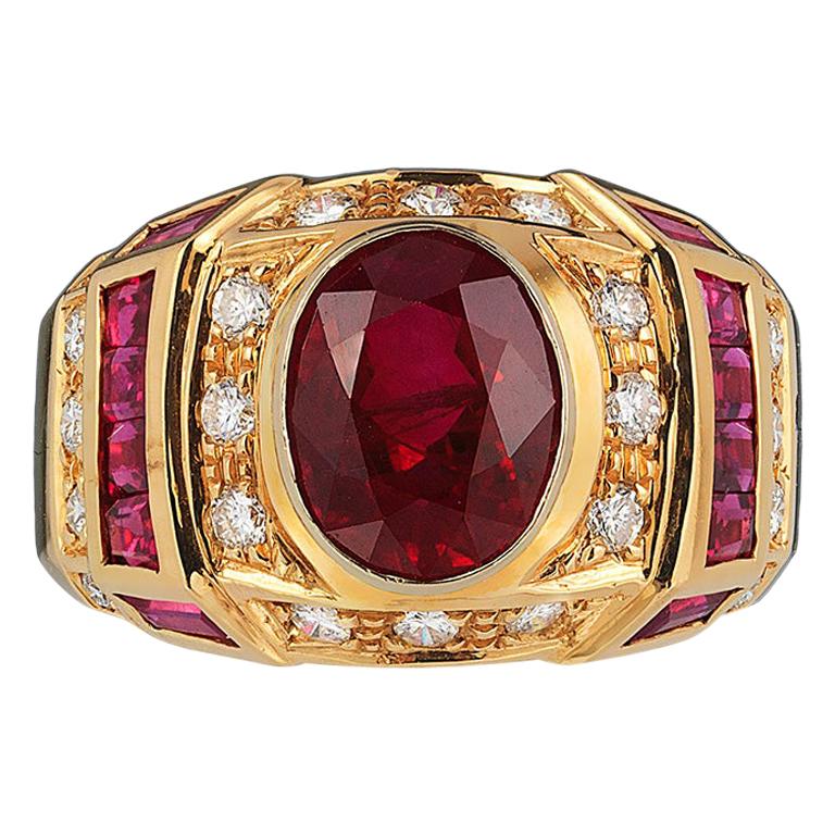 Andreoli Art Deco Style Ruby Diamond CDC Certified Ring 18 Karat Yellow Gold