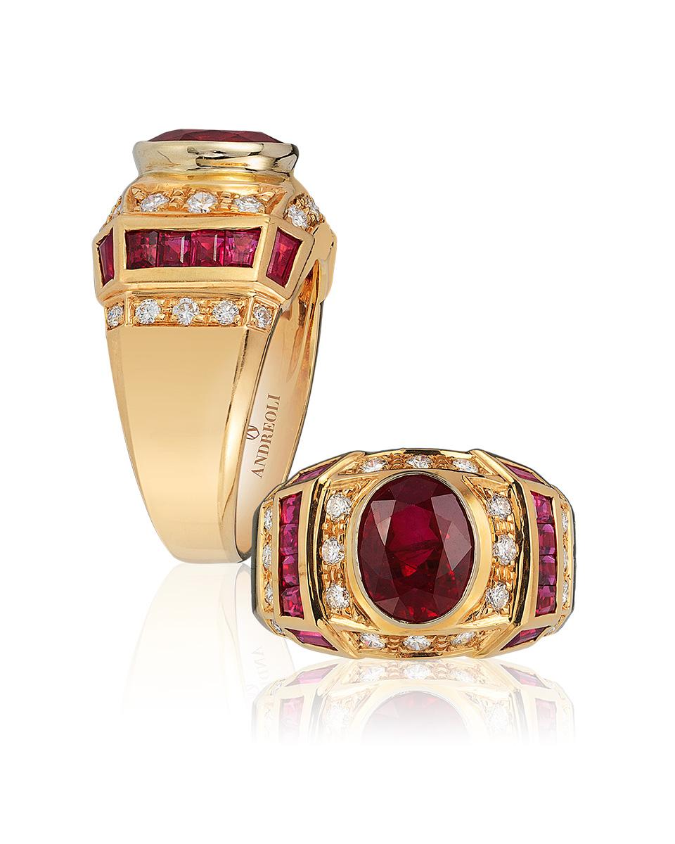 Oval Cut Andreoli Art Deco Style Ruby Diamond CDC Certified Ring 18 Karat Yellow Gold For Sale