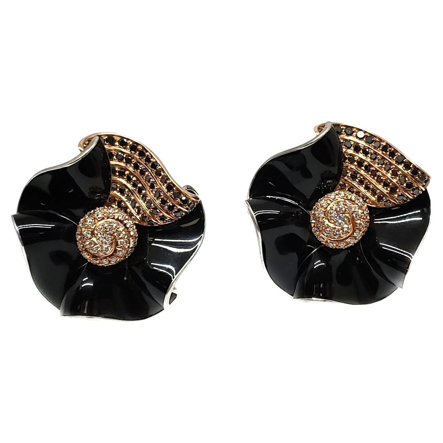 Andreoli Black Diamond Enamel 18 Karat Two-Tone Gold Earrings For Sale