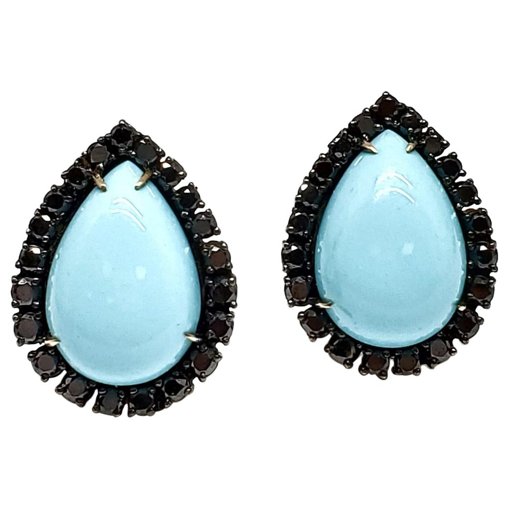 Andreoli Black Diamond Italian Turquoise Clip-On Earrings 18 Karat Gold