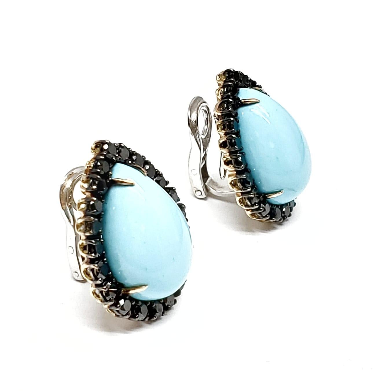 Contemporary Andreoli Black Diamond Italian Turquoise Clip-On Earrings 18 Karat Gold