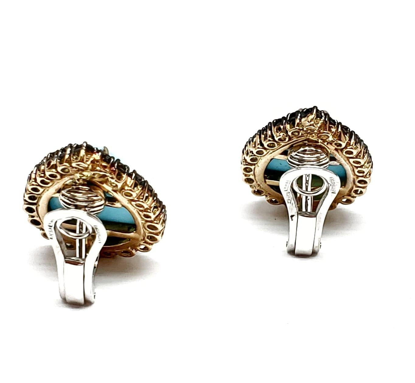 Andreoli Black Diamond Italian Turquoise Clip-On Earrings 18 Karat Gold In New Condition In New York, NY