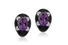 Andreoli Black Enamel Amethyst Diamond Clip-On Earrings 18 Karat Silver