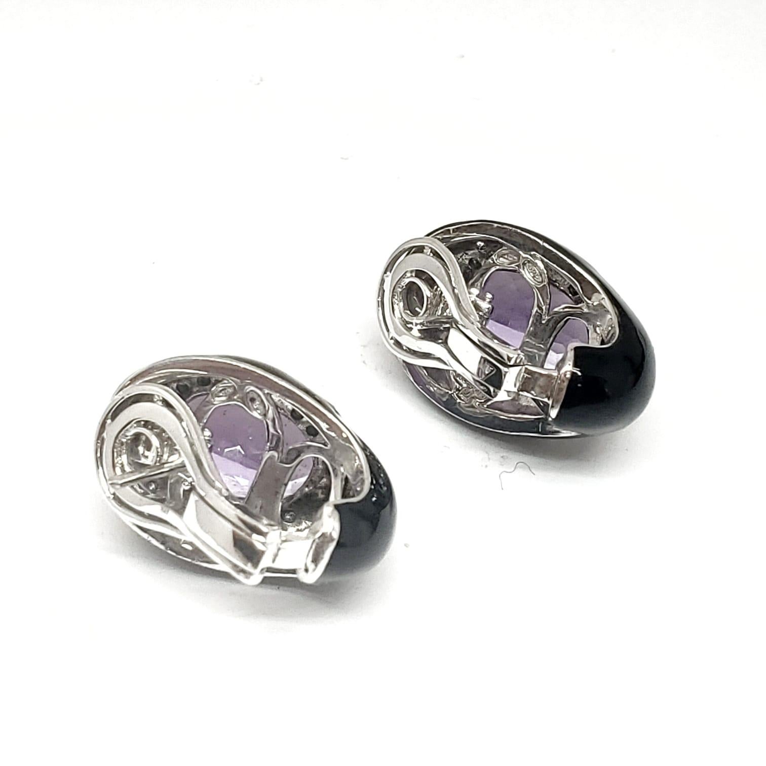 Oval Cut Andreoli Black Enamel Amethyst Diamond Clip-On Earrings 18 Karat Silver For Sale