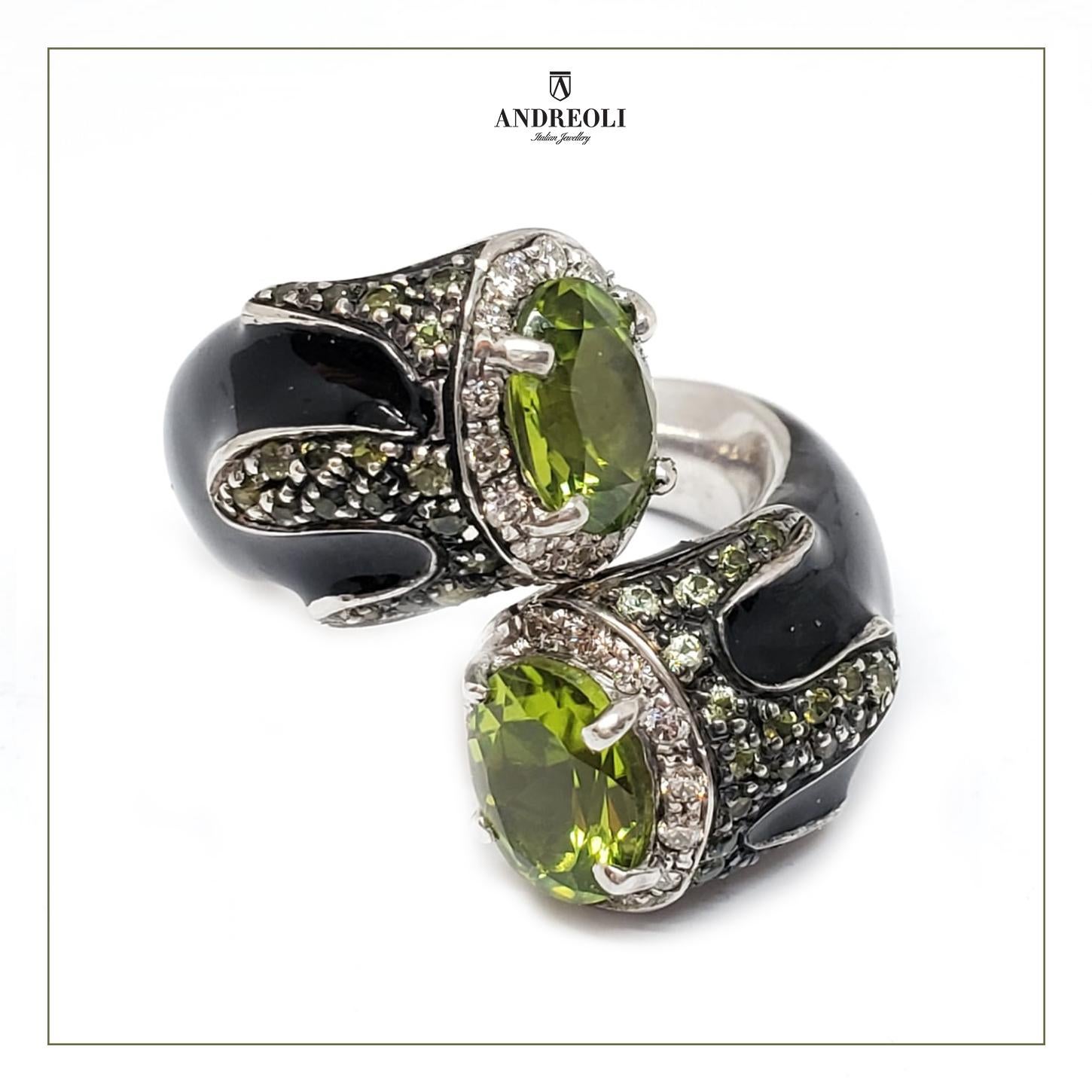 Contemporary Andreoli Black Enamel Peridot Diamond Bypass Cocktail Ring Silver 18 Karat Gold For Sale