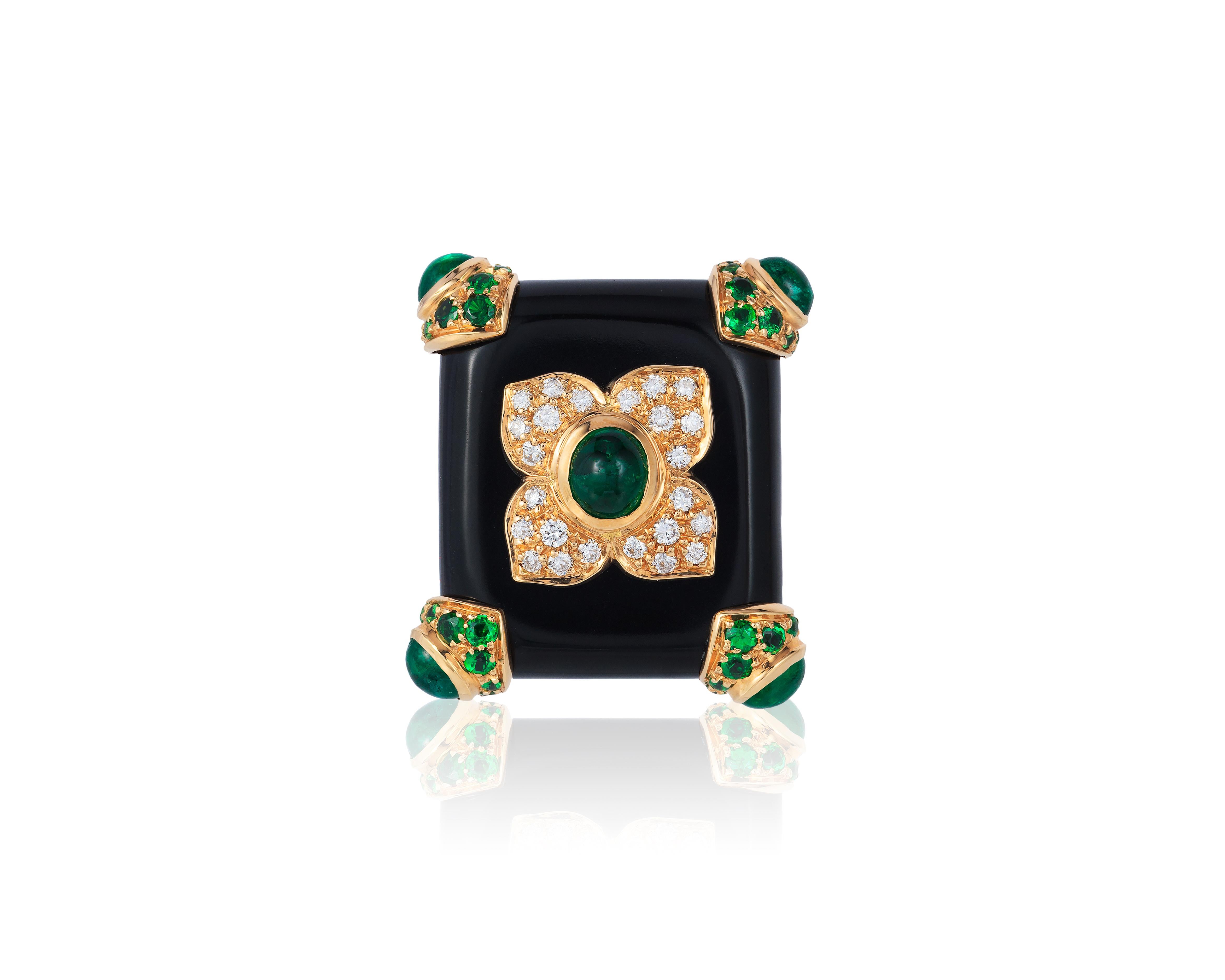 Contemporary Andreoli Black Onyx Emerald Tsavorite Garnet Diamond 18 Karat Gold Cocktail Ring