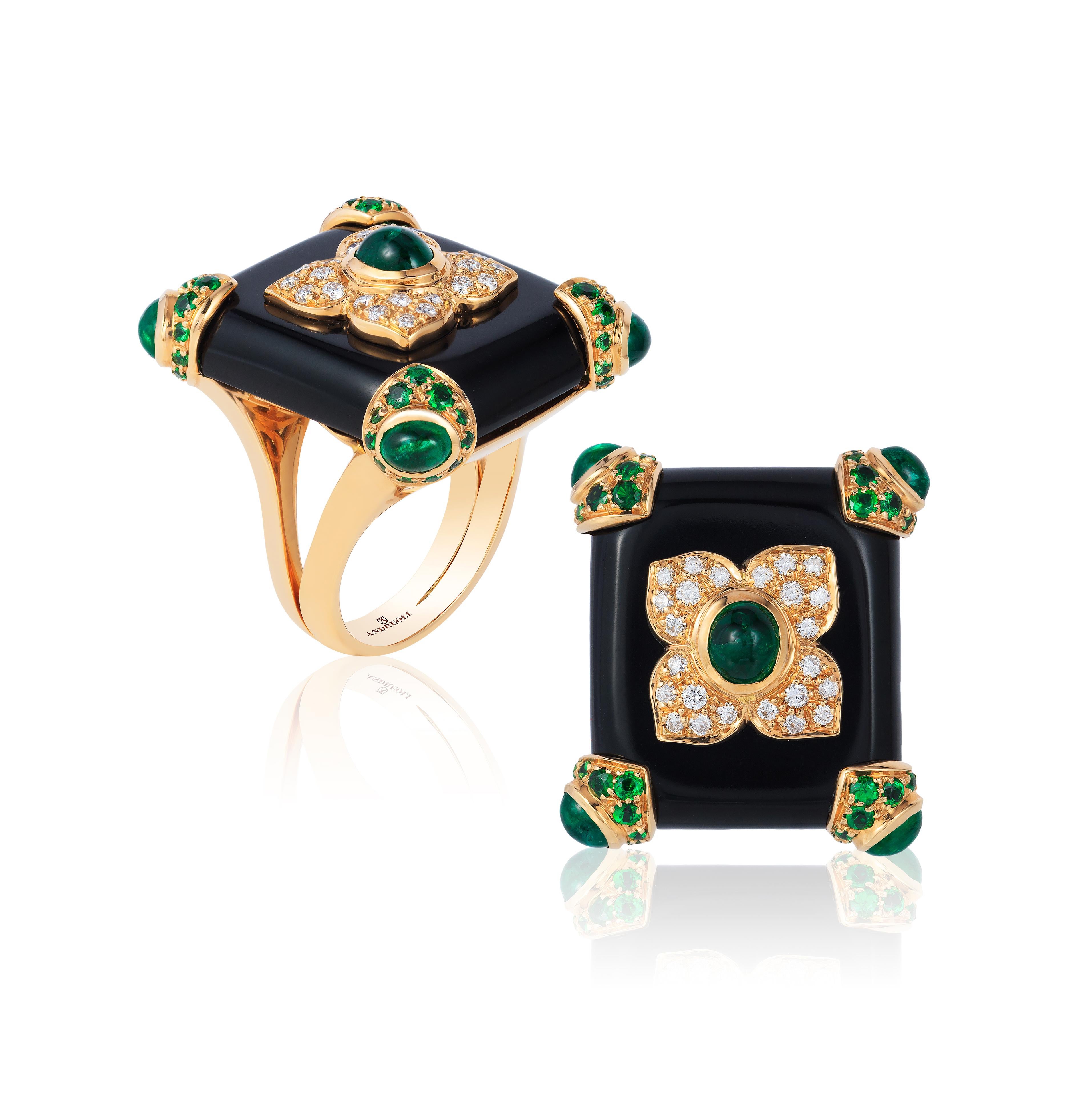 Andreoli Schwarzer Onyx Smaragd Tsavorit Granat Diamant 18 Karat Gold Cocktail Ring (Ovalschliff)