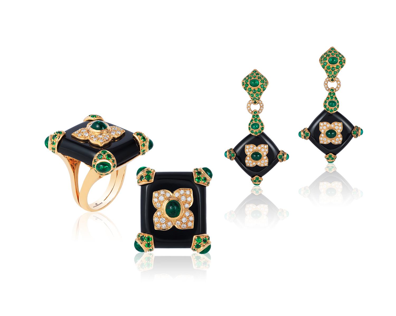 Andreoli Schwarzer Onyx Smaragd Tsavorit Granat Diamant 18 Karat Gold Cocktail Ring im Zustand „Neu“ in New York, NY
