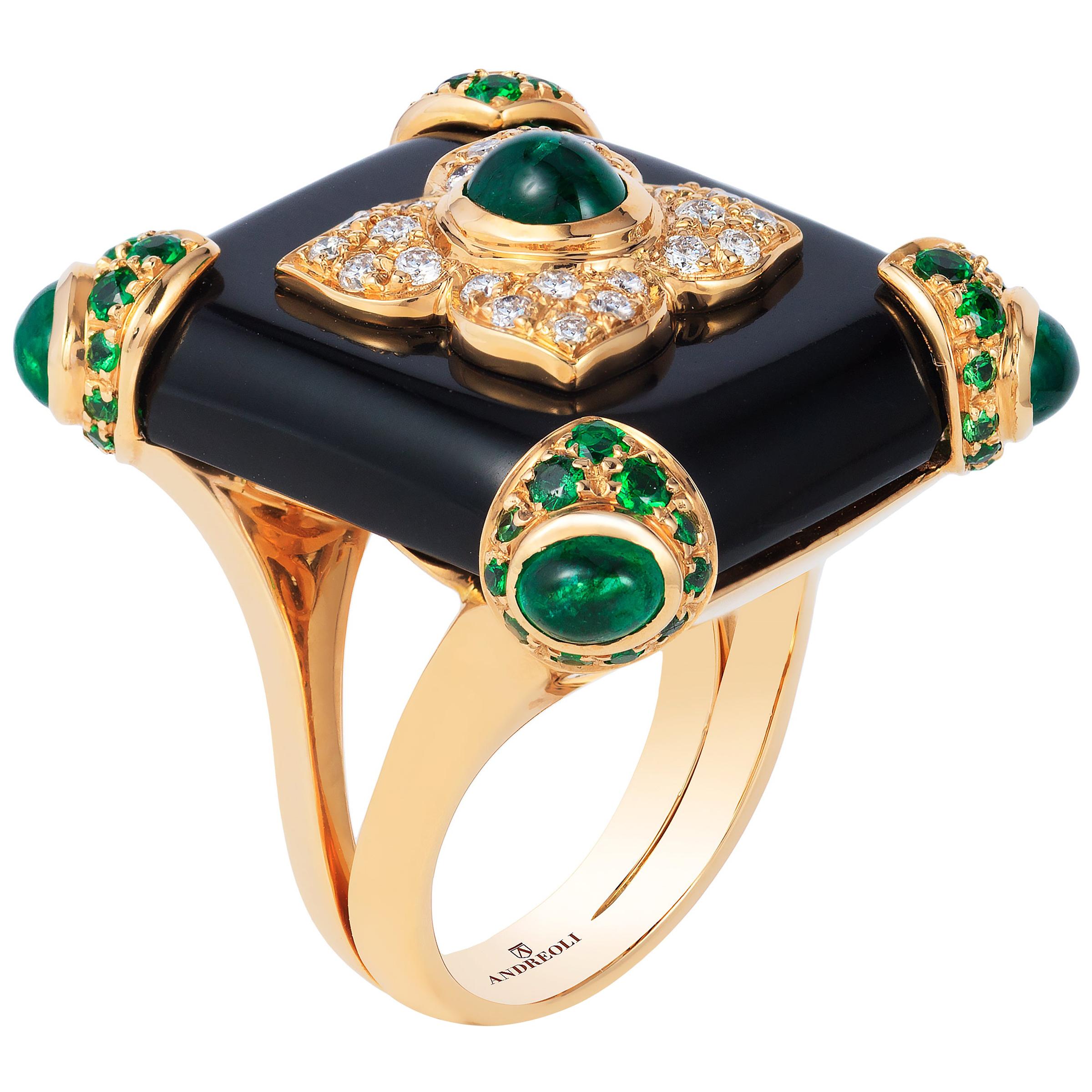 Andreoli Black Onyx Emerald Tsavorite Garnet Diamond 18 Karat Gold Cocktail Ring