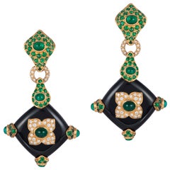 Andreoli Black Onyx Emerald Tsavorite Garnet Diamond 18 Karat Gold Earrings