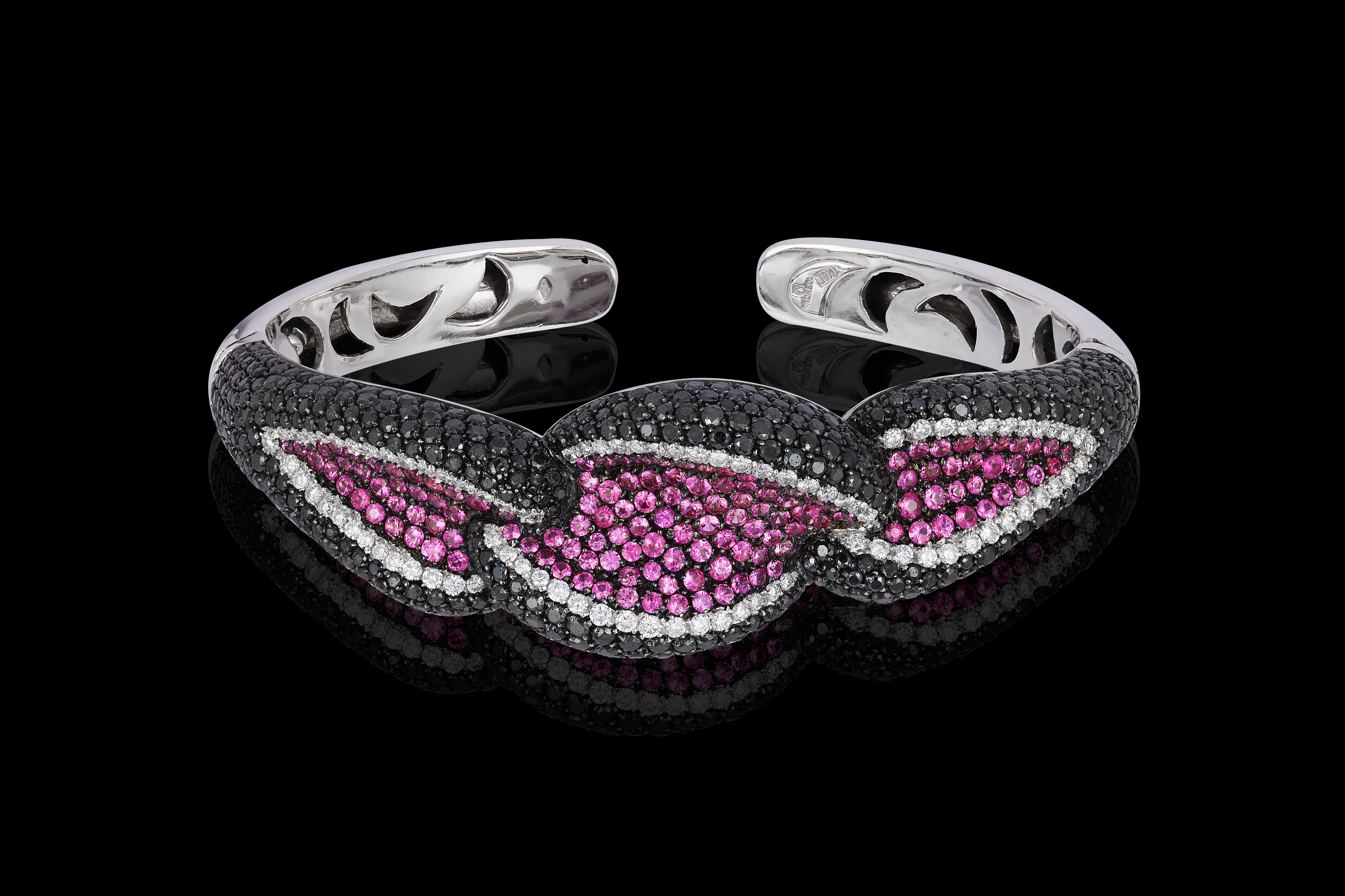 Andreoli Black White Diamond Pink Sapphire Cuff Bracelet 18KT White Blackened  For Sale 1