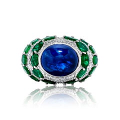 Andreoli Blue Sapphire Cabochon Ceylon Cert Emerald Diamond 18K White Gold Ring